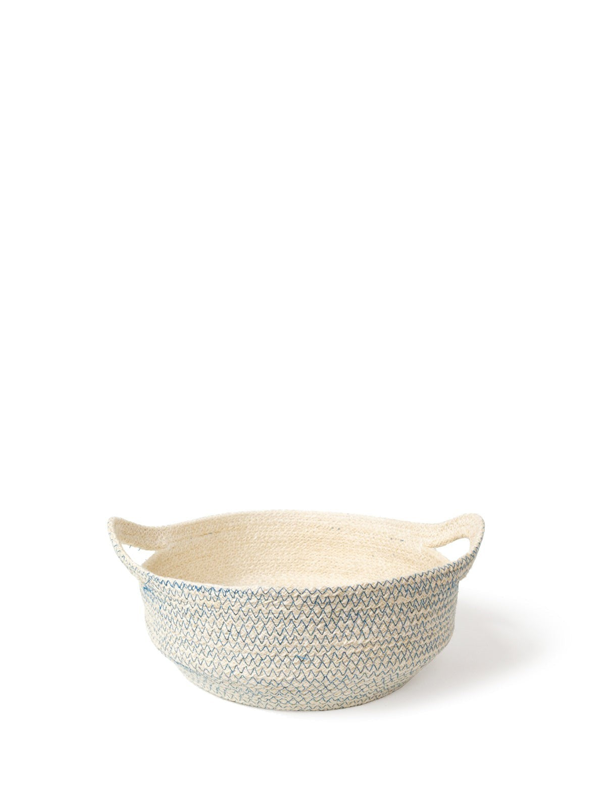 ALARA LOFTHandwoven off-white jute fruit bowl with blue stitching and two handles. Perfect for storage or decor.
